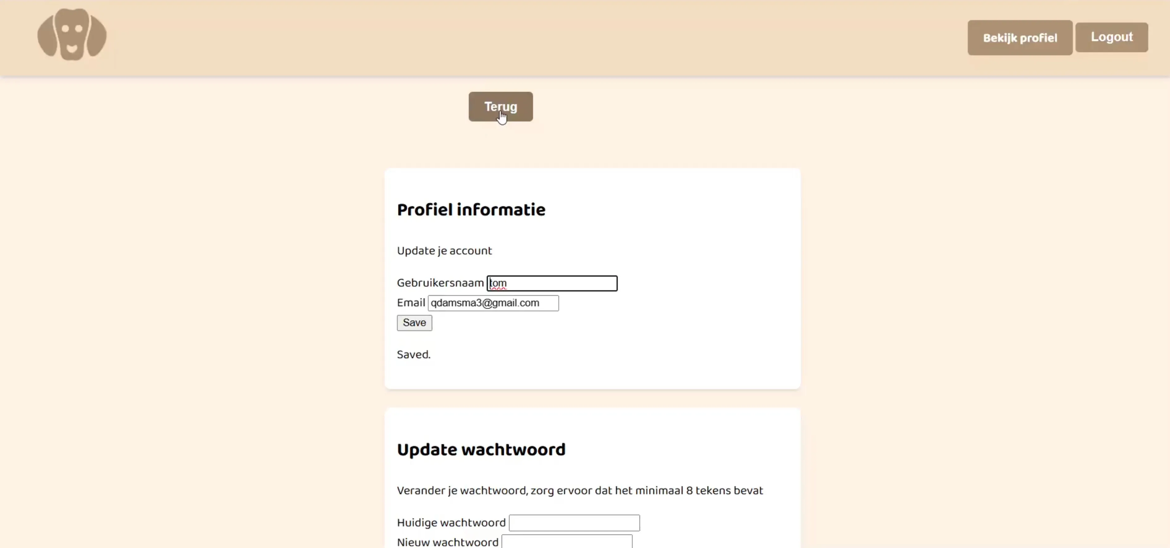 Screenshot van de dieren backend applicatie